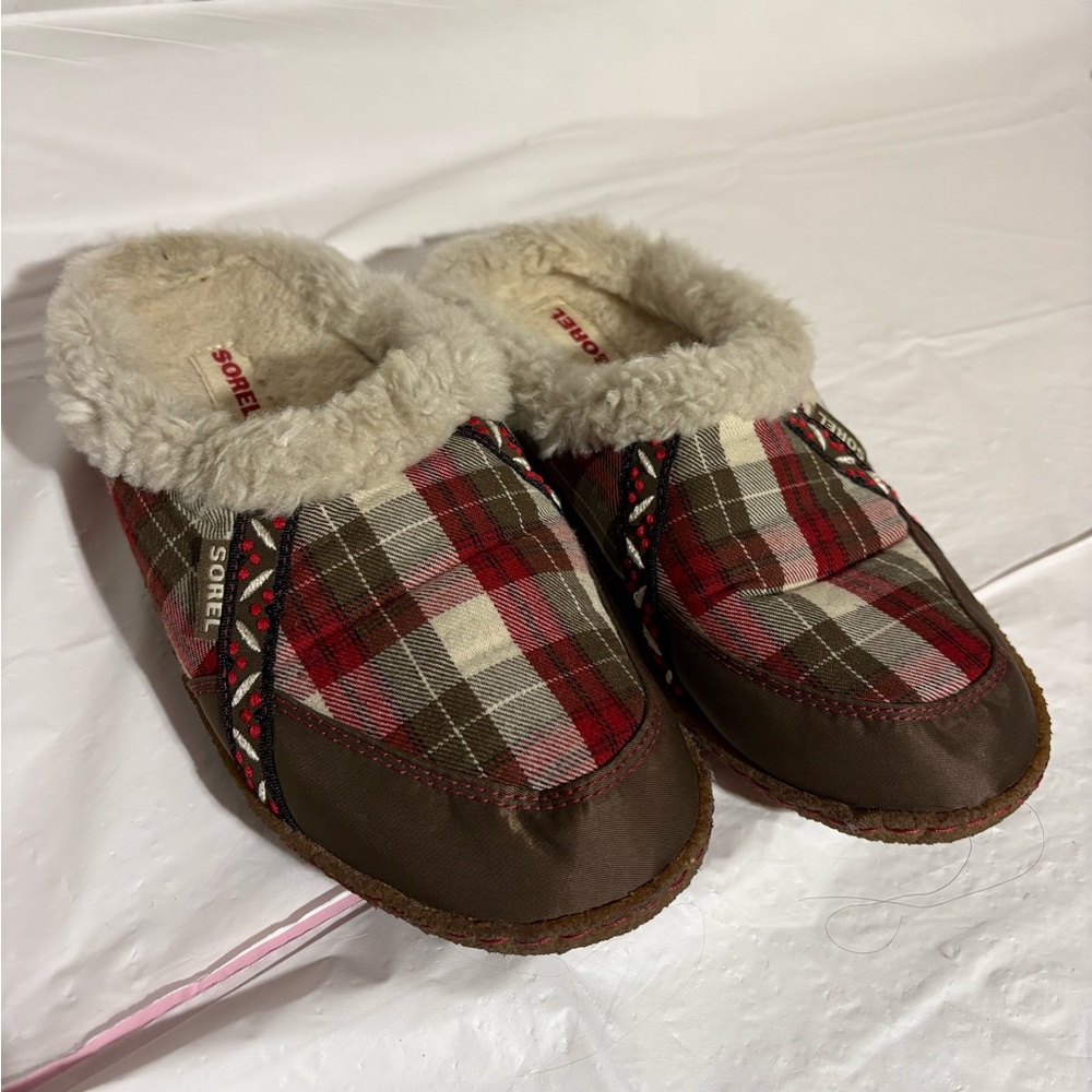 Sorel Red and Brown Plaid Slippers with Faux Fur